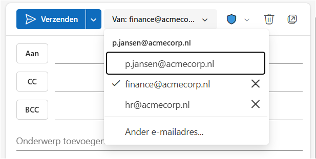Een gedeeld account in Outlook selecteren als afzender van een veilige mail in Outlook