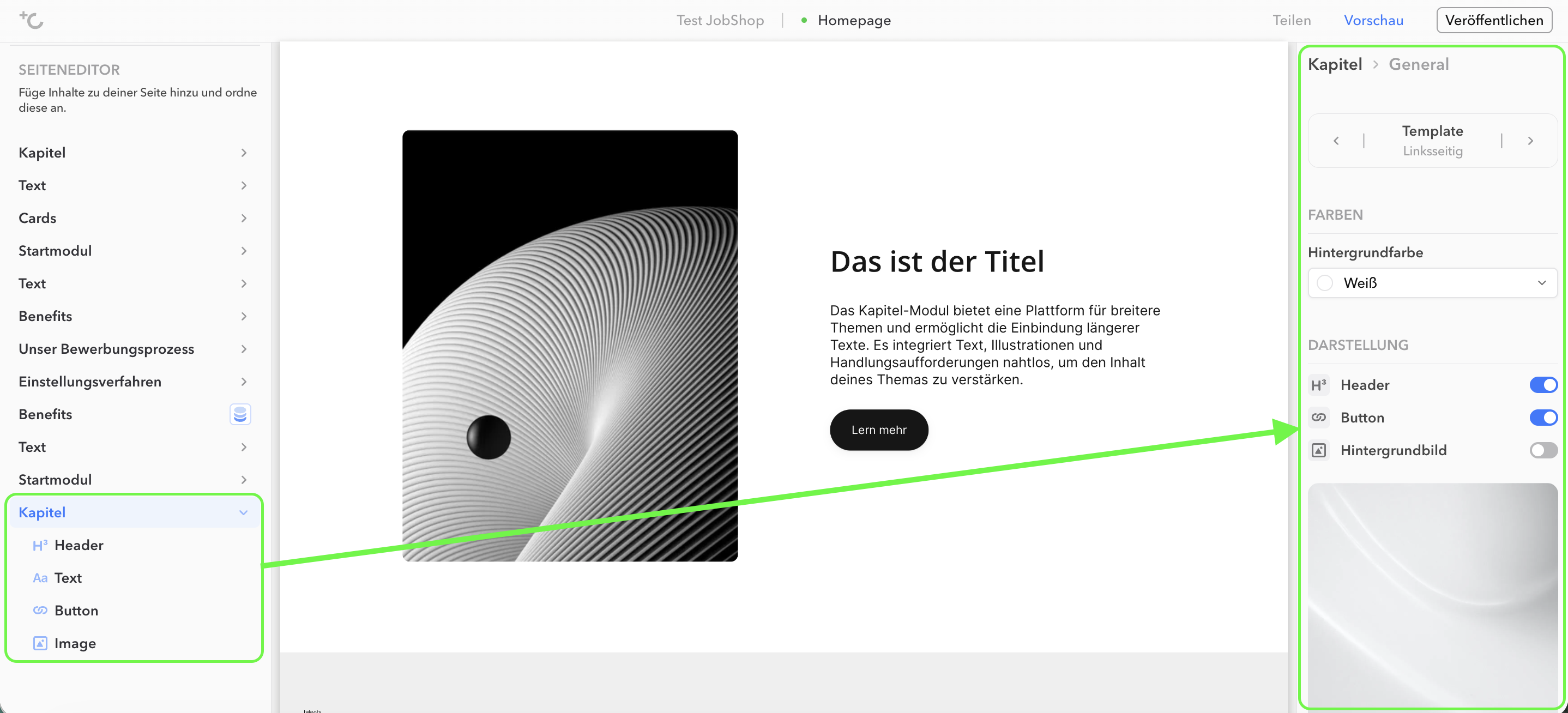 Linke Spalte des Editors