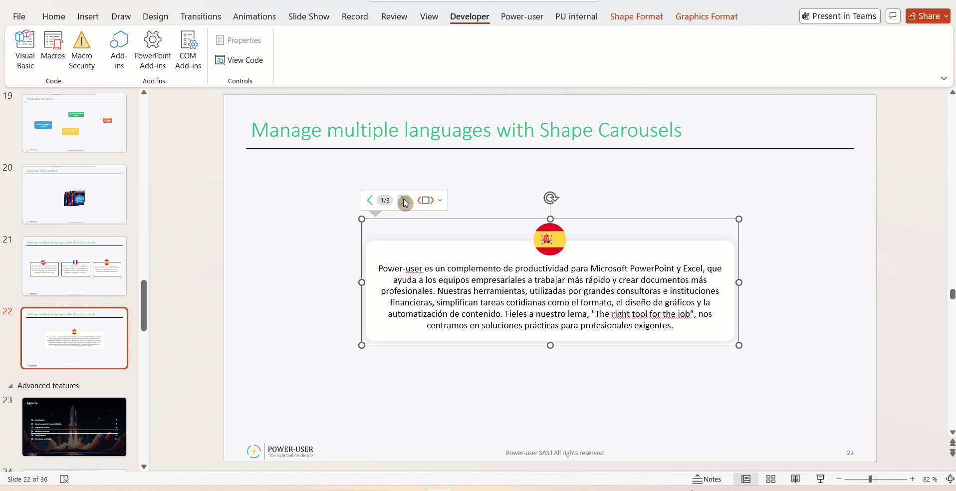 Power-user multilingual Powerpoint presentations with Shape Carousels