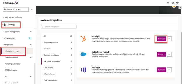 Screenshot of Settings > Integrations Overview > Connect