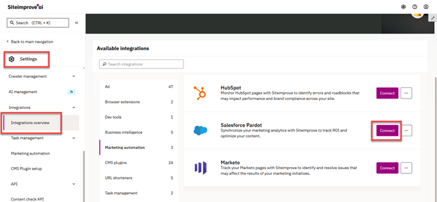 Screenshot of Settings > Integrations Overview > Connect