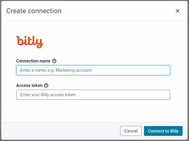 Create_Bitly_connection_pop_up_with_Connection_name_and_access_token_fields