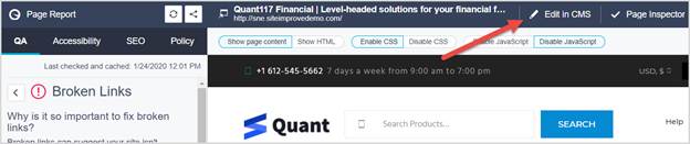Screenshot showing another CMS deeplink button on a Page Report. There is a pencil followed by the text "Edit in CMS".