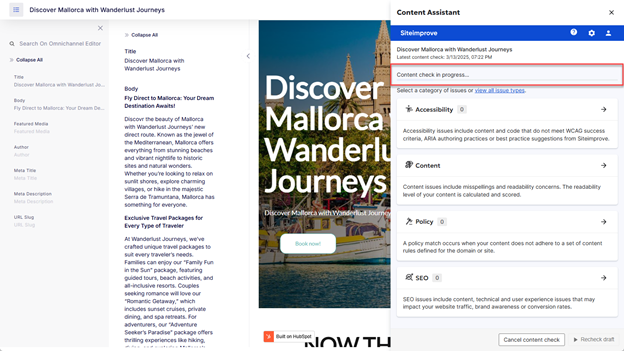 Screenshot of Prepublish check processing in side panel