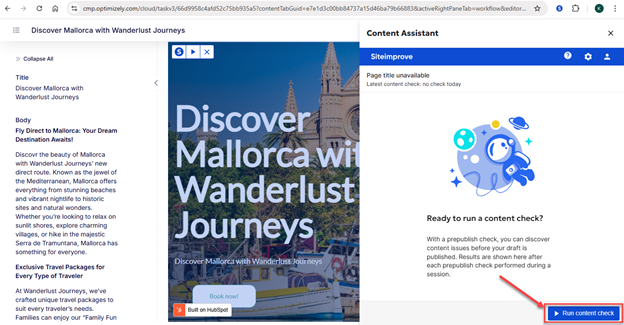 Screenshot of the side panel open highlighting the Run Content Check button