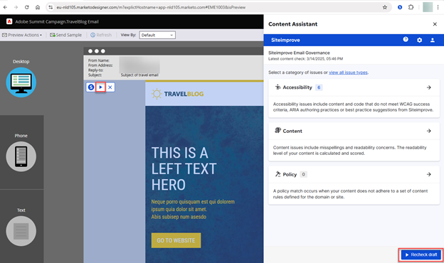 Screenshot of recheck draft and play button options to run rechecks