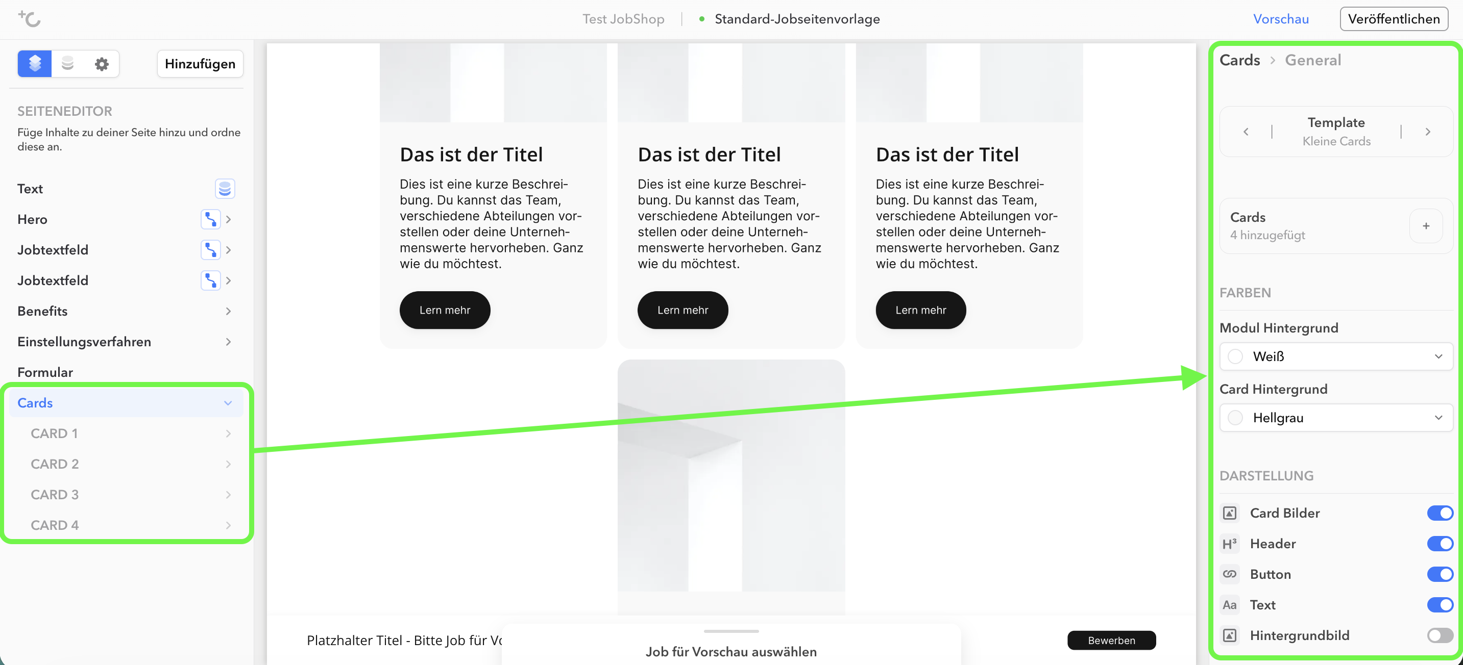 Left column of the editor with selection between global settings and sub-items of the start module