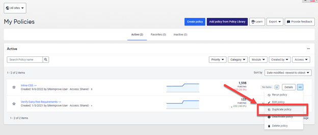 Screenshot of the My Policies page with Duplicate Policy selected from the menu.