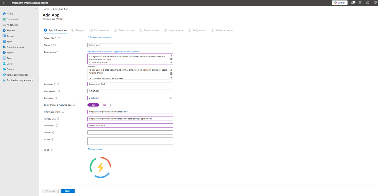 Intune l Fill app information