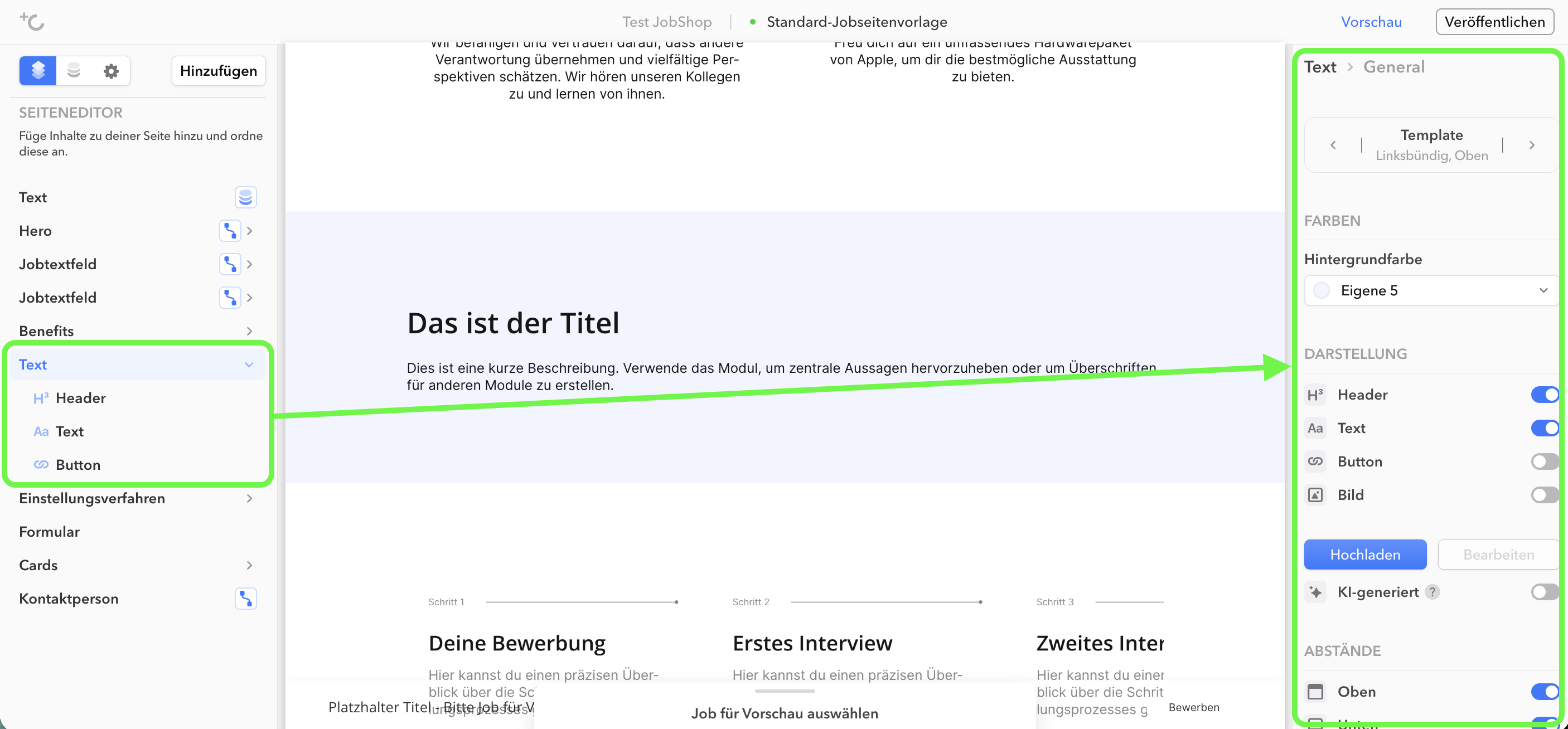 Linke Spalte des Editors