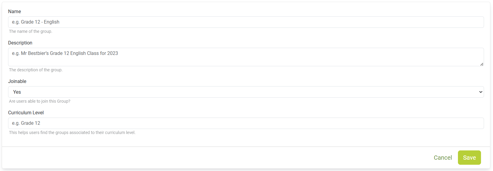 User Group form with fields for Name, Description, Joinable status and Curriculum Level, with Cancel and Save buttons.