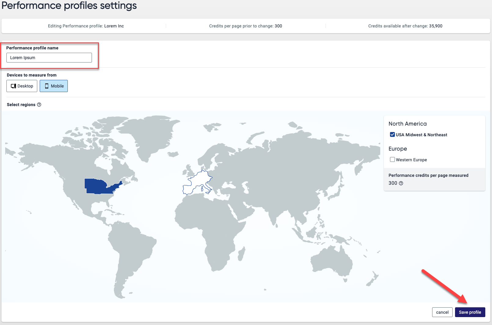 Screenshot of a performance profile settings interface showing a world map with North America and Europe regions highlighted.