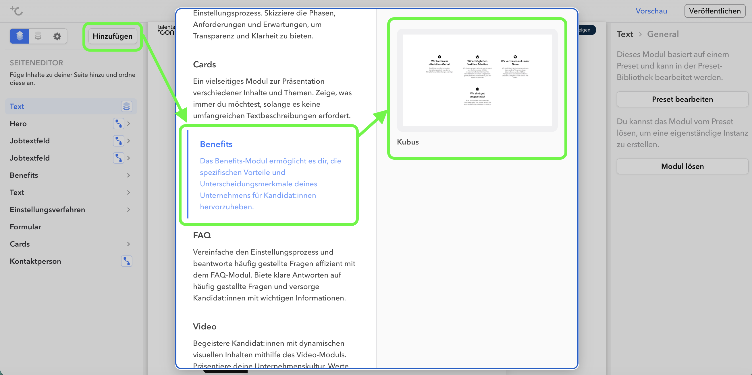 Auswahl des Startmoduls über den Hinzufügen-Button im Editor