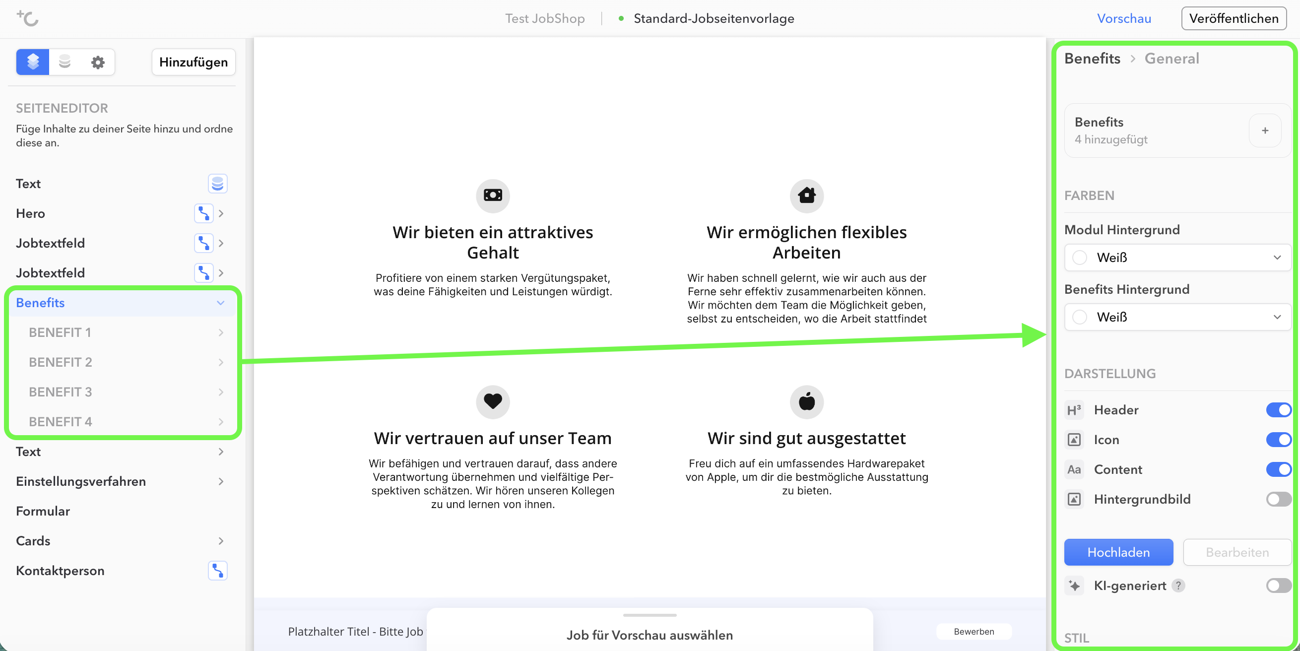 Linke Spalte des Editors mit Auswahl zwischen globalen Einstellungen und Unterpunkten des Startmoduls