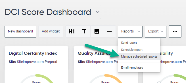 Showing the Manage Scheduled Reports menu item under Reports menu