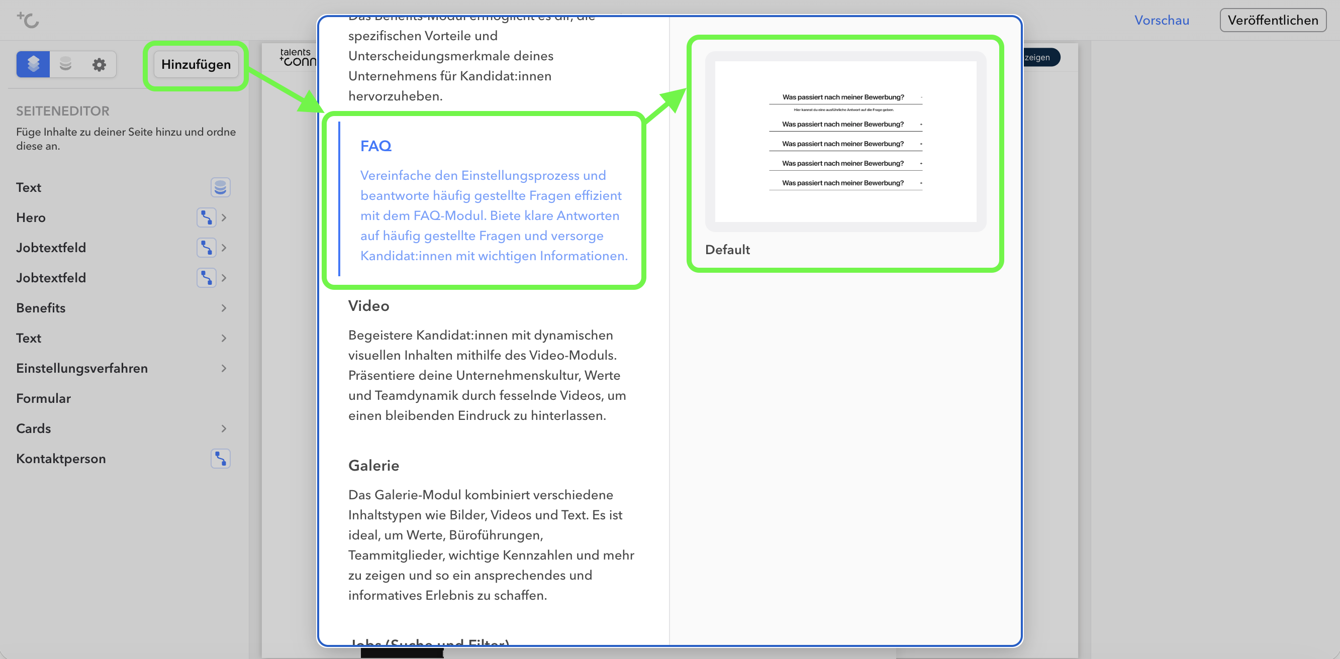 Auswahl des Startmoduls über den Hinzufügen-Button im Editor