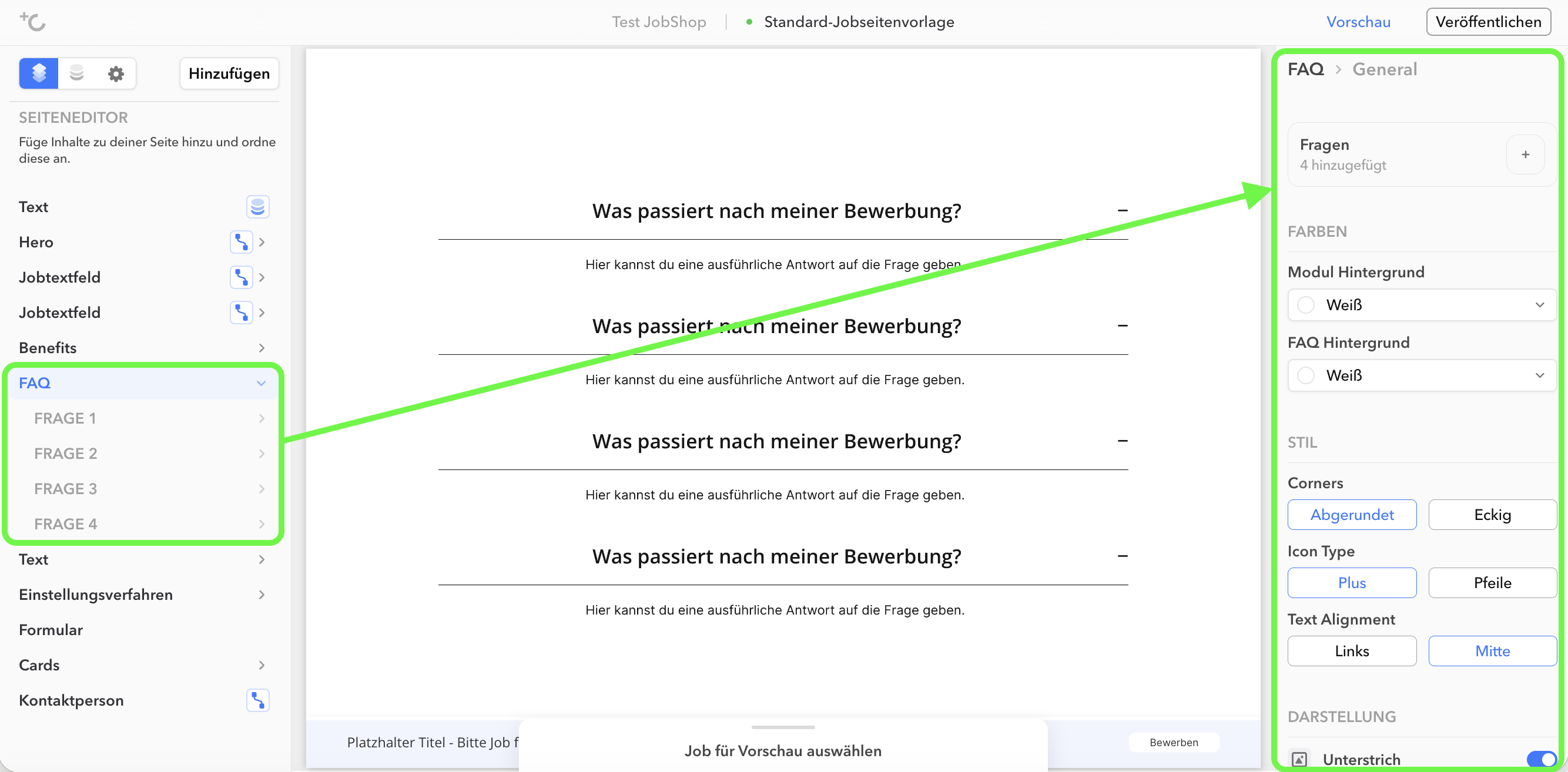 Linke Spalte des Editors mit Auswahl zwischen globalen Einstellungen und Unterpunkten des Startmoduls
