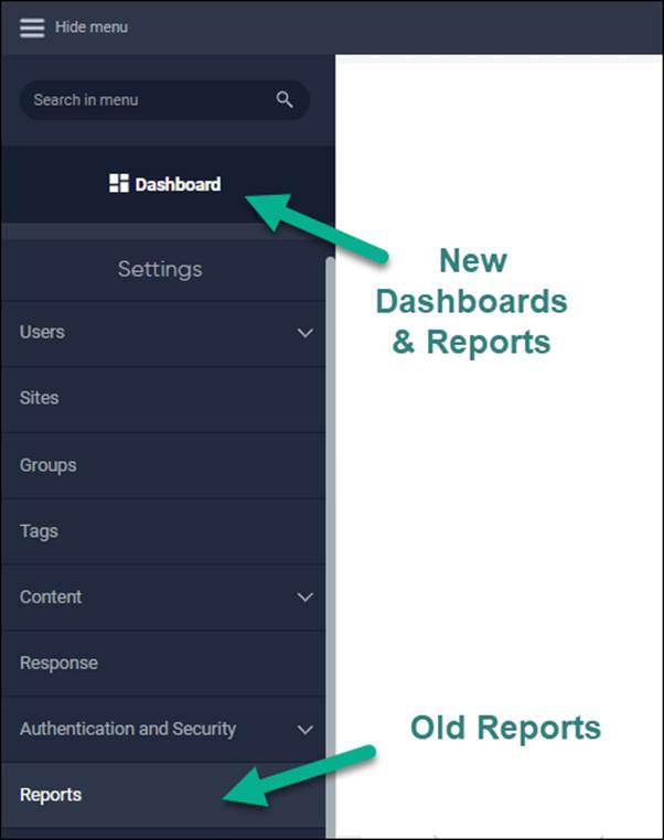 Siteimprove Dashboard with arrow pointing to Dashboard labeled New Dashboards and Reports and an arrow pointing to Reports labeled Old Reports.