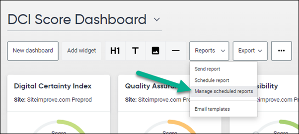 Showing the Manage Scheduled Reports menu item under Reports menu