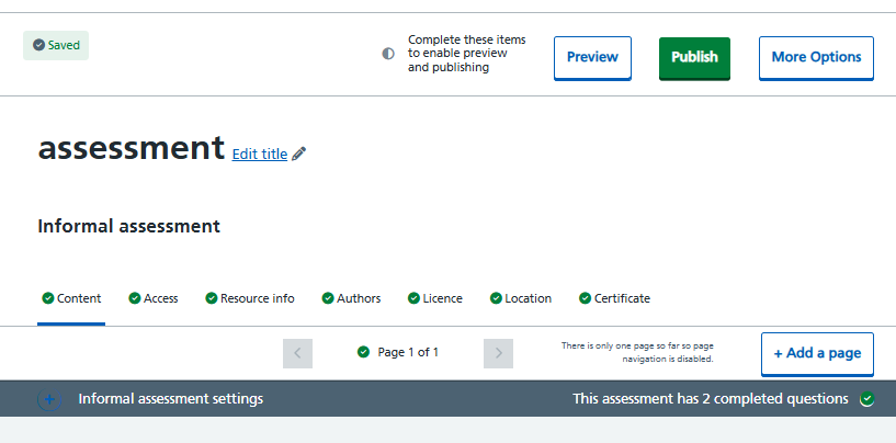 Assessment edit page with Preview, Publish and More Options live. Menu items are all ticked as complete