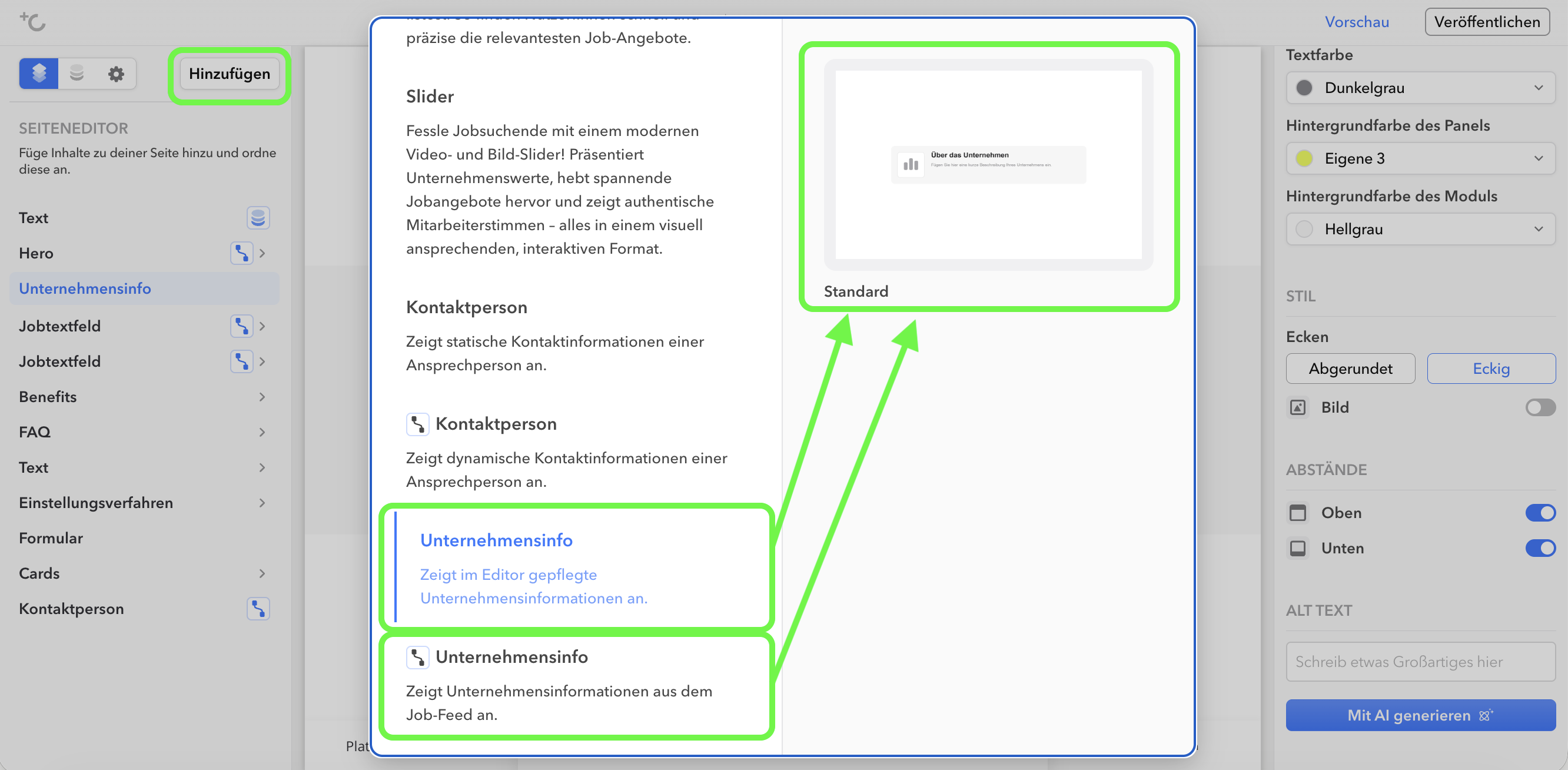 Selecting the Company Info module via the Add button in the editor
