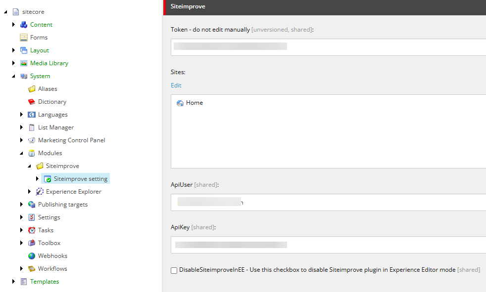 Sitecore content tree with the Siteimprove setting item selected under System > Modules > Siteimprove, showing the configuration panel with Token, Sites (Home), ApiUser, ApiKey fields, and the DisableSiteimproveInEE checkbox.
