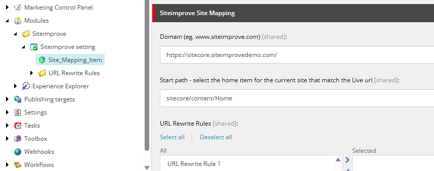Sitecore content tree with Site_Mapping_Item selected under Marketing Control Panel > Modules > Siteimprove > Siteimprove setting, showing the Siteimprove Site Mapping panel with Domain, Start path, and URL Rewrite Rules fields.