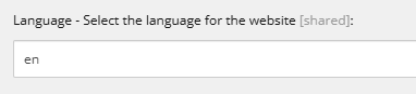 Sitecore Language field labeled 'Select the language for the website [shared]' with the value set to 'en'.