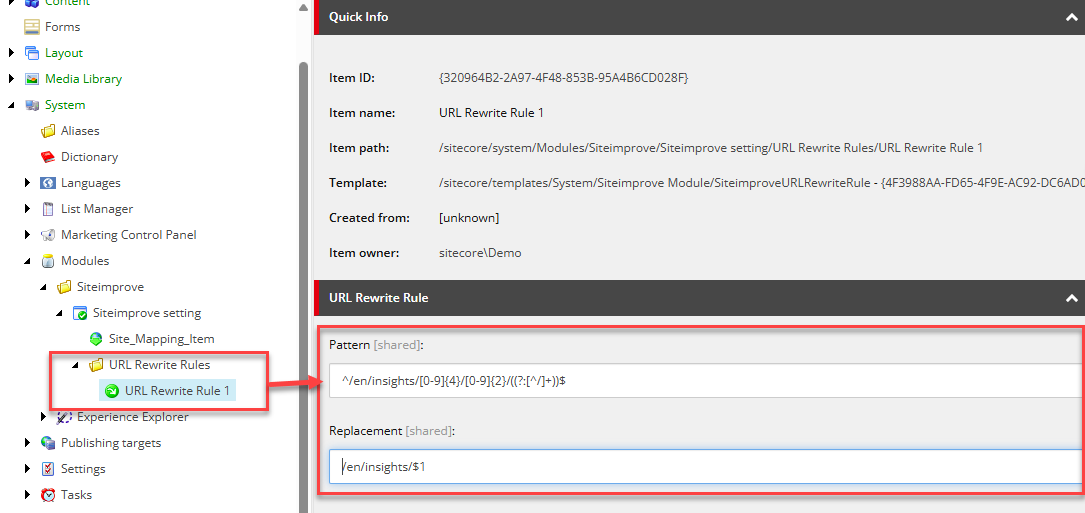 Sitecore content tree with URL Rewrite Rule 1 selected under System > Modules > Siteimprove > Siteimprove setting > URL Rewrite Rules, showing the URL Rewrite Rule panel with a Pattern field containing '^/en/insights/[0-9]{4}/[0-9]{2}/((?:[^/]+))$' and a Replacement field containing '/en/insights/$1'.