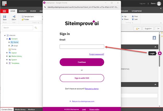 The overlay box allows a user to log in to Siteimprove 