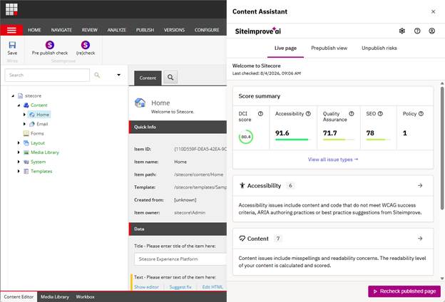 see the data from the Siteimprove Platform on that page