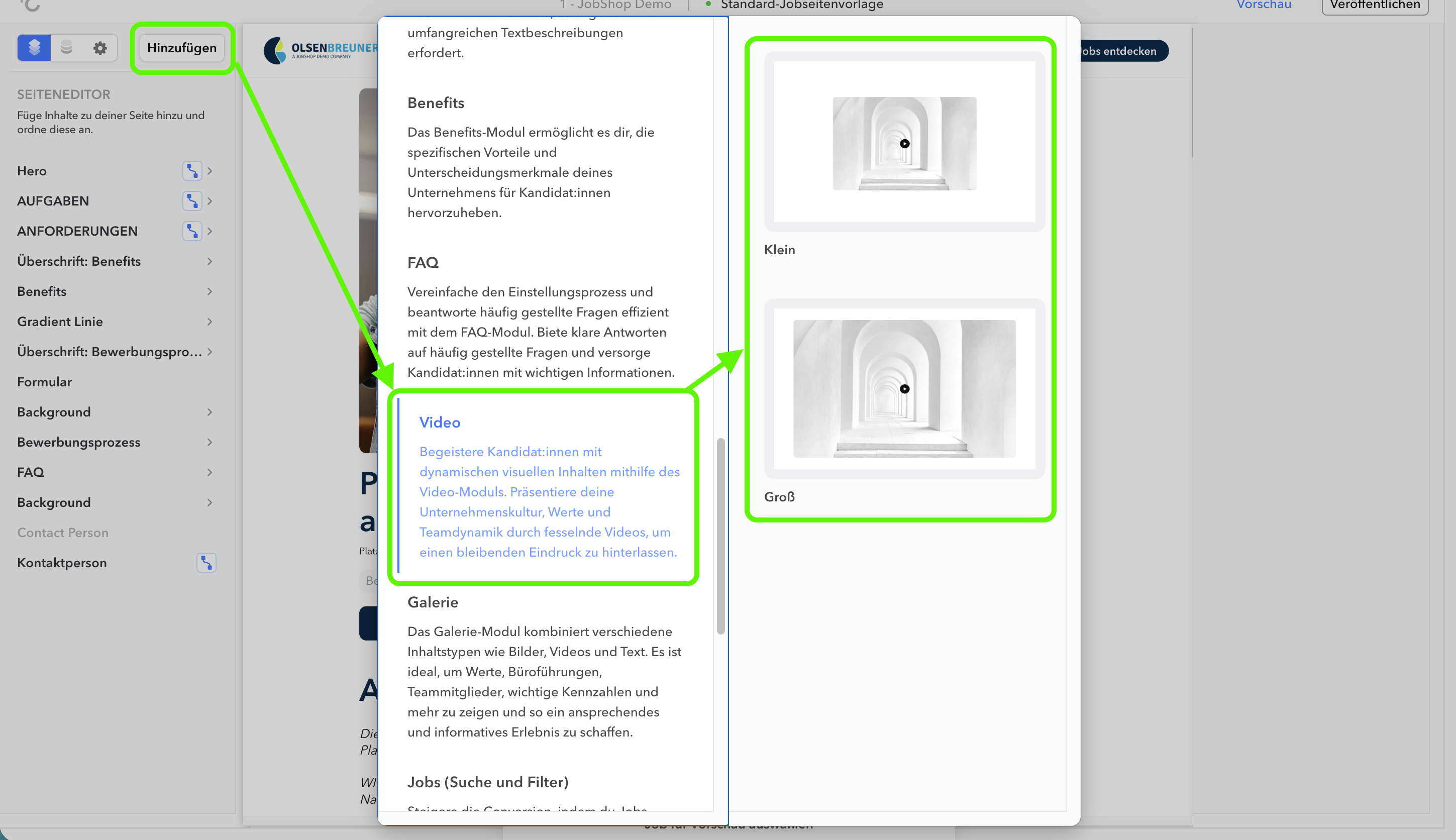 Auswahl des Video-Moduls über den Hinzufügen-Button im Editor