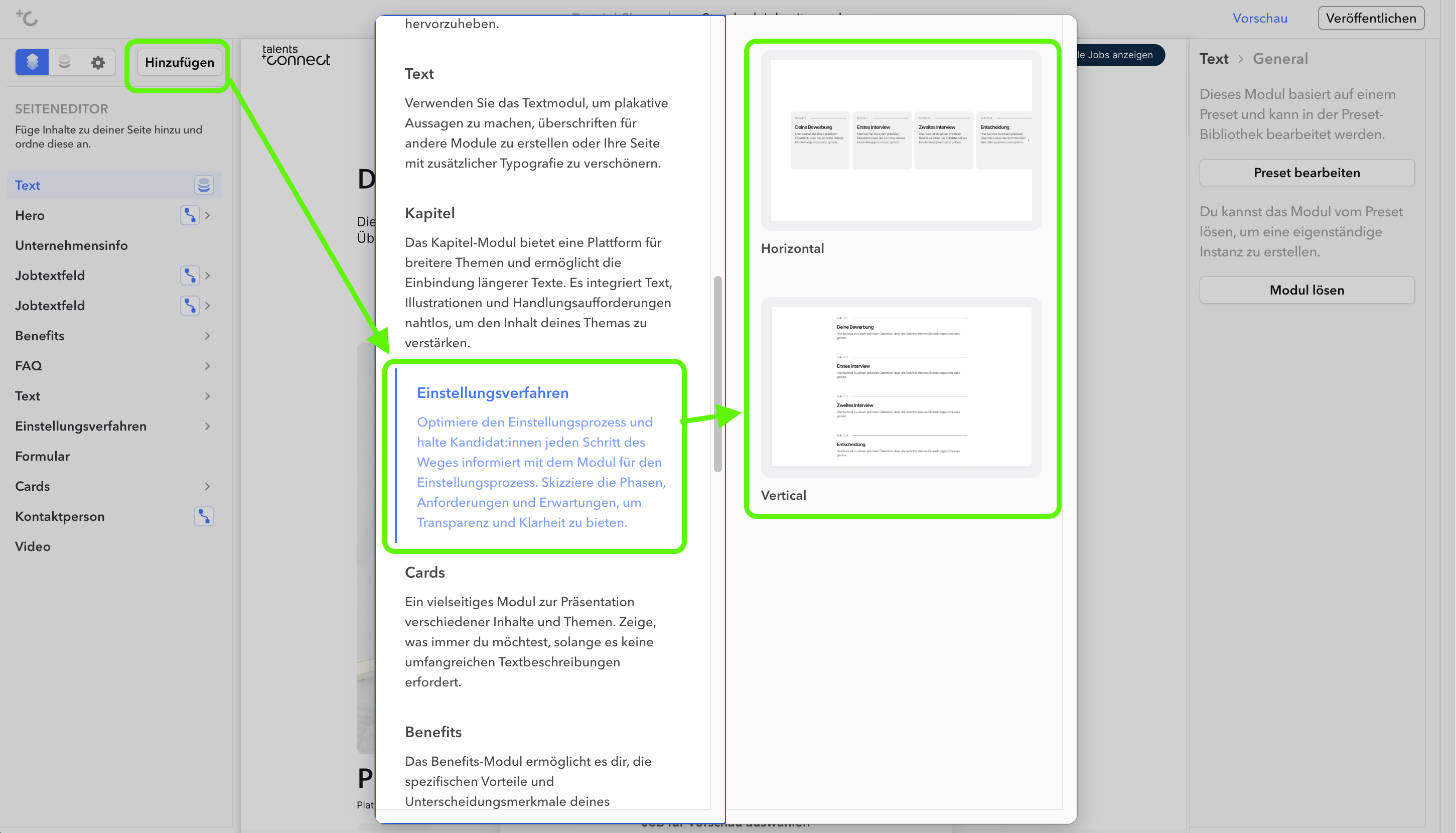 Auswahl des Startmoduls über den Hinzufügen-Button im Editor
