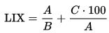 LIX formula. LIX = A/B + (C*100)/A.