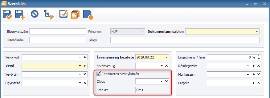 Rendszeres bizonylatolás beállítása a szerződésen