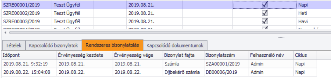 Szerződés listán rendszeres bizonylatok grid