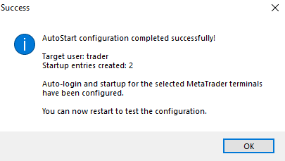 Success dialog confirming AutoStart configuration completed