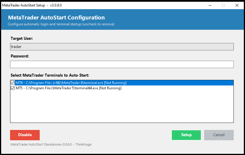 MetaTrader AutoStart Setup window with Target User and terminal checklist