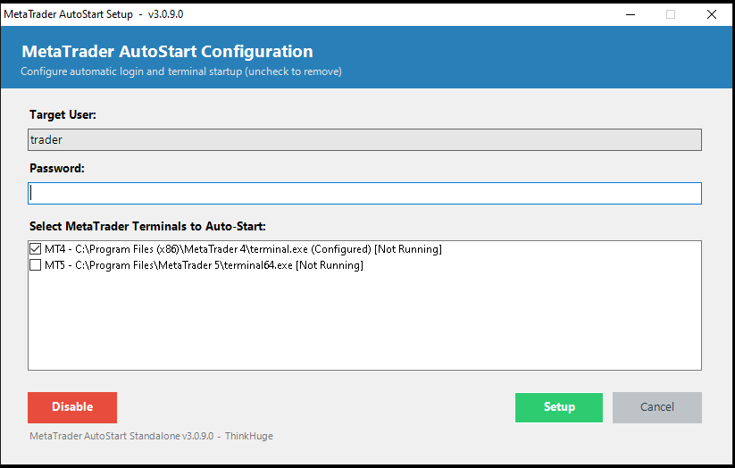 AutoStart Setup window reopened showing MT4 as Configured