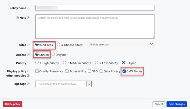 Screenshot of Policy settings required in the Siteimprove Platform to appear in the CMS plugin