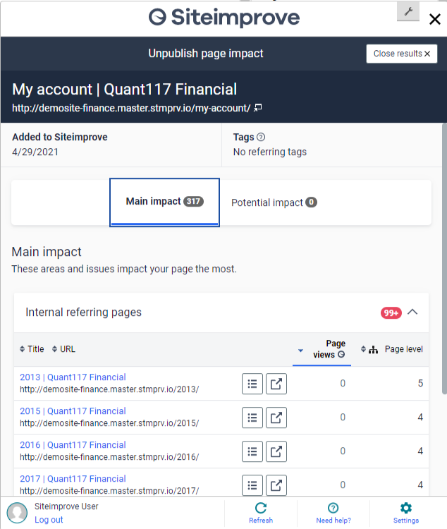 Screenshot of see unpublish impact page in plugin