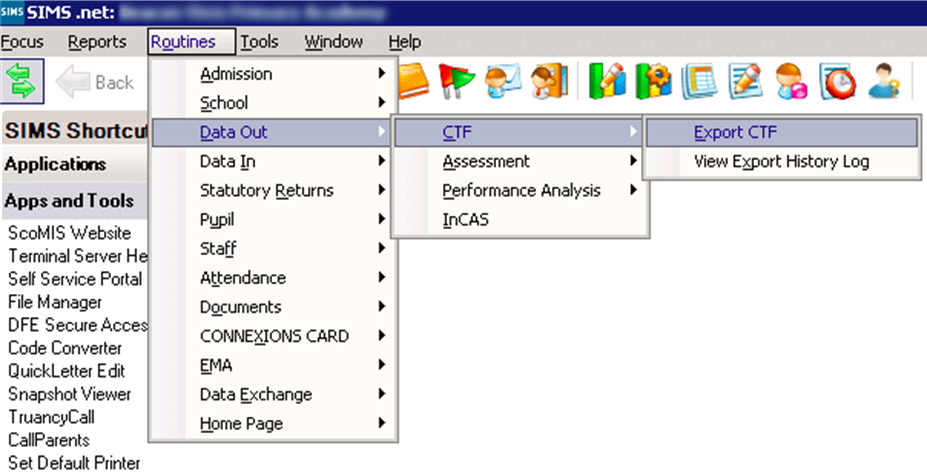A picture showing the SIMS menu structure