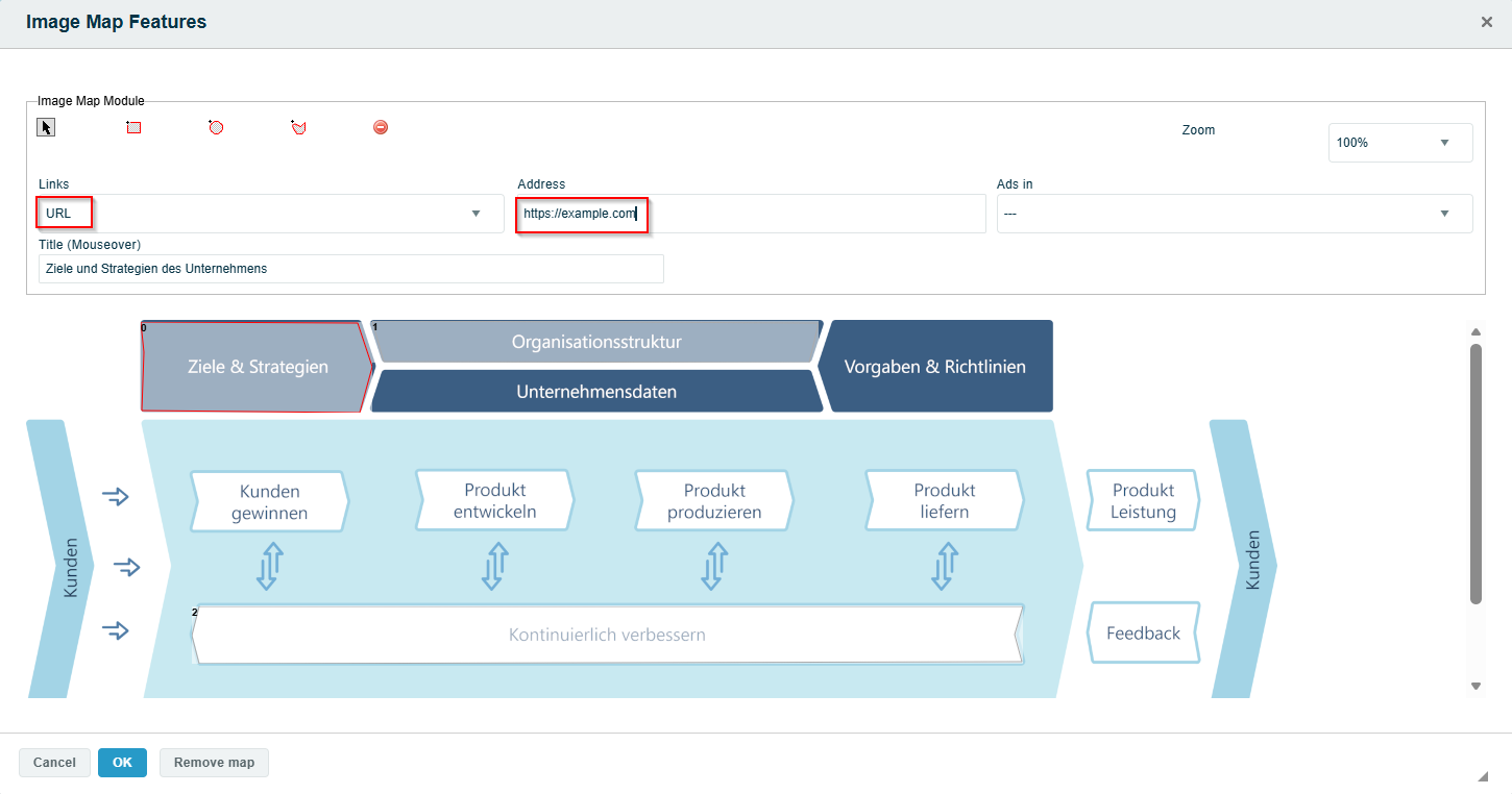 Form for linking an external URL – Links field set to URL, Address field filled with URL