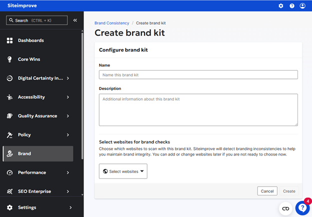 Screenshot of Creat brand kit step showing the Name, Description and option to apply to site(s)