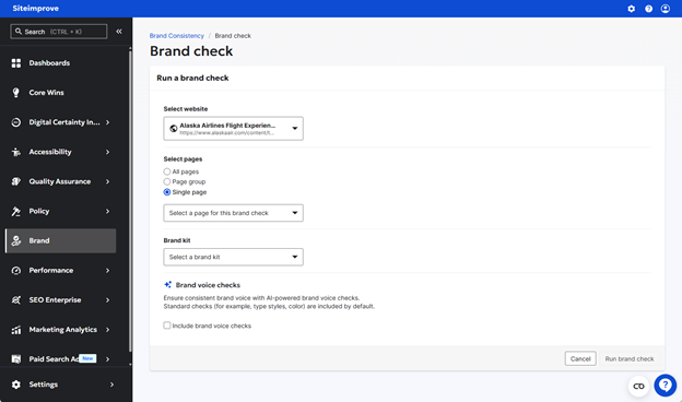 Screenshot of options to run a brand check