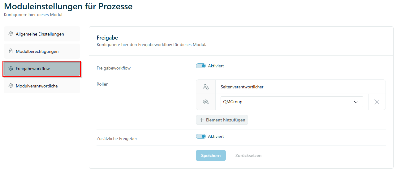 Reiter Freigabeworkflow in den Moduleinstellungen