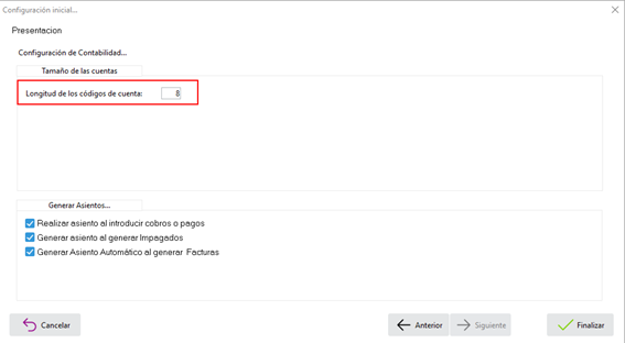 Configuración de Contabilidad con la longitud de los códigos de cuenta