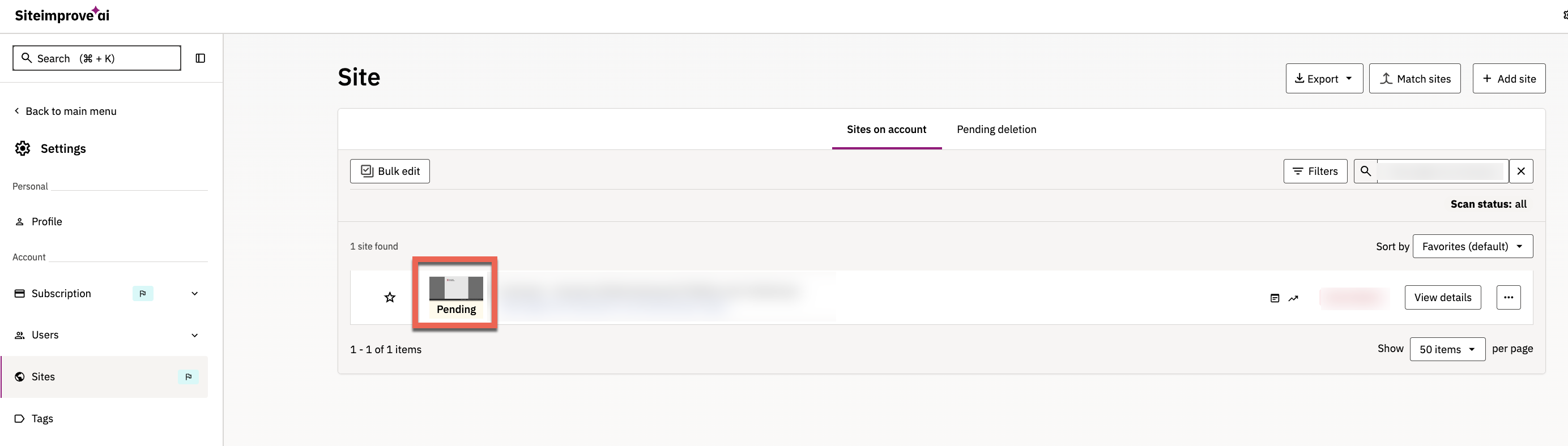 Manage Sites table showing a newly added site with the “Pending site approval” status.