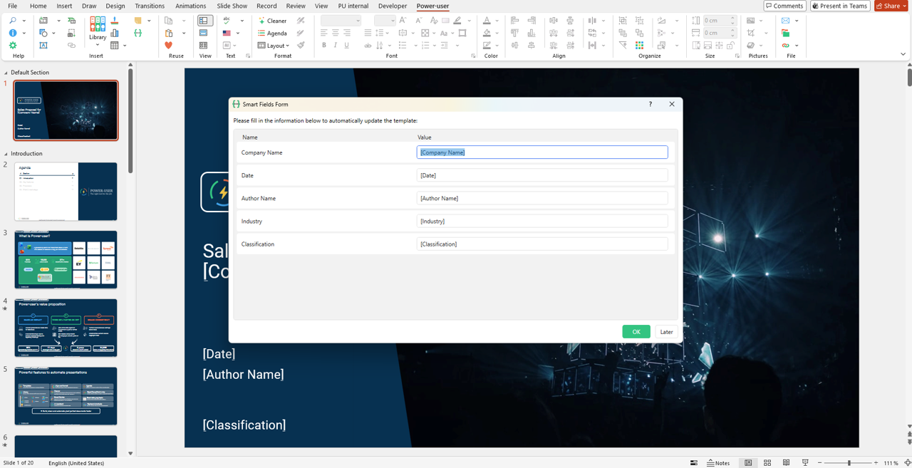 Power-user l Show an input field with dynamic smart fields when launching a presentation template
