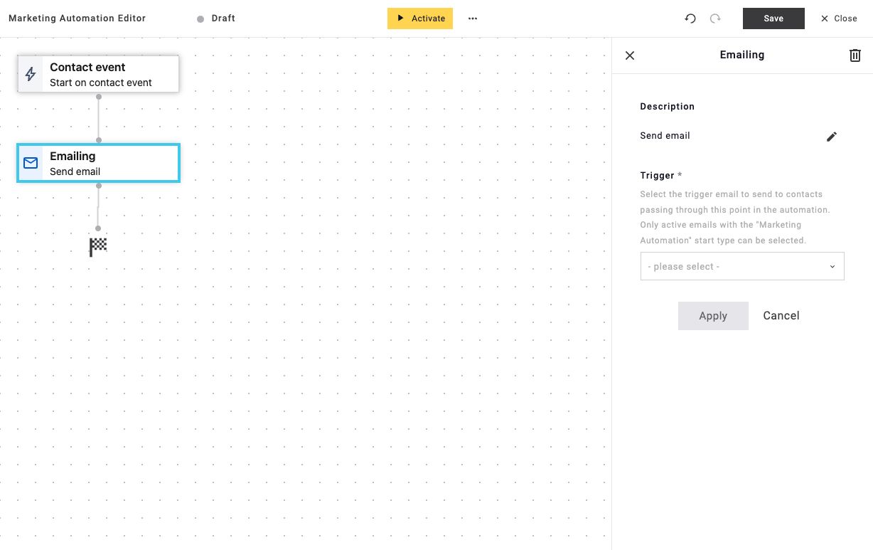 Emailing configuration panel with the Trigger selector and eligible-email requirements